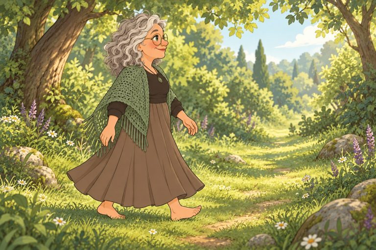 Ilustración de La Pacha caminando descalza y despacio por un sendero de pasto en un bosque luminoso.