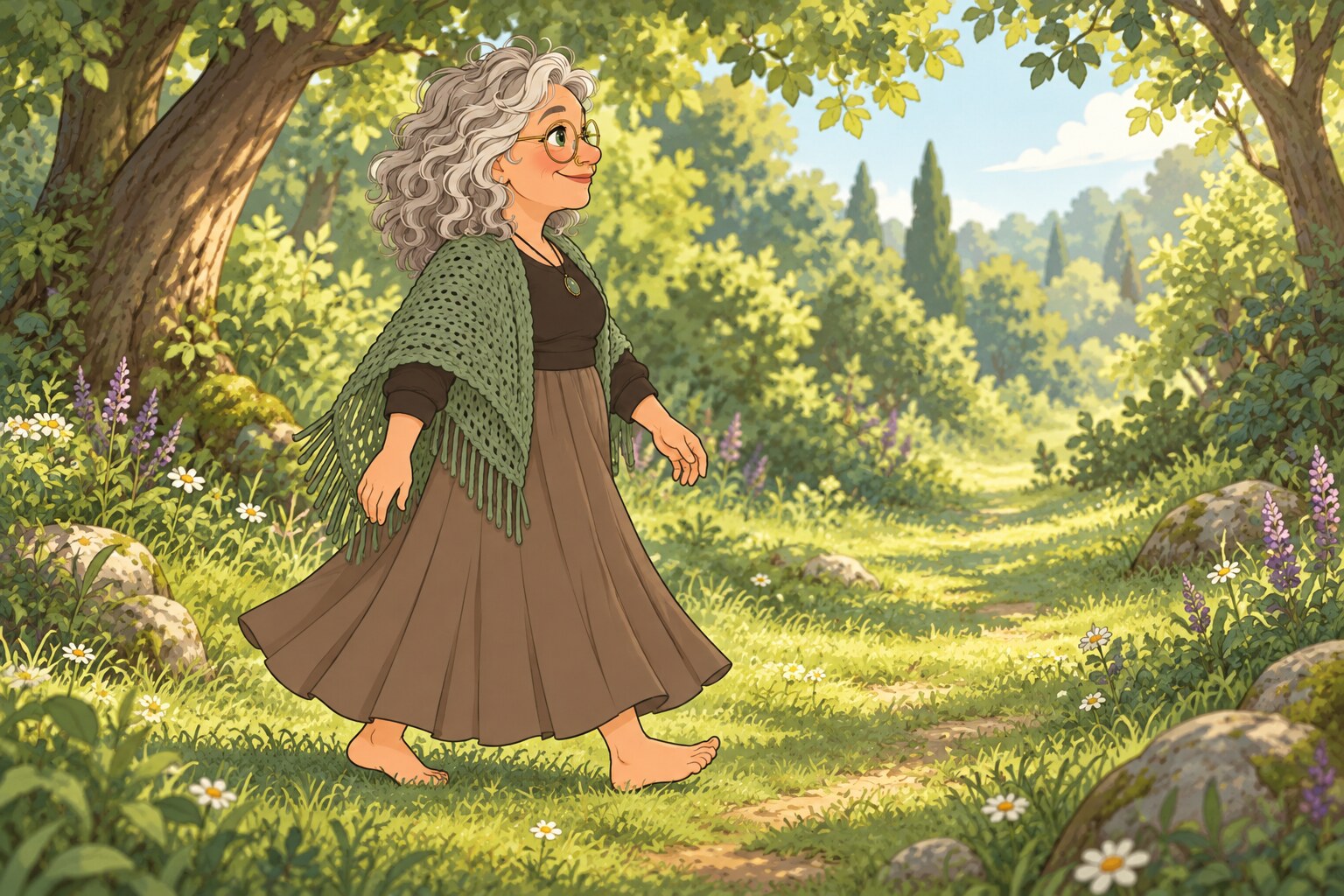 Ilustración de La Pacha caminando descalza y despacio por un sendero de pasto en un bosque luminoso.
