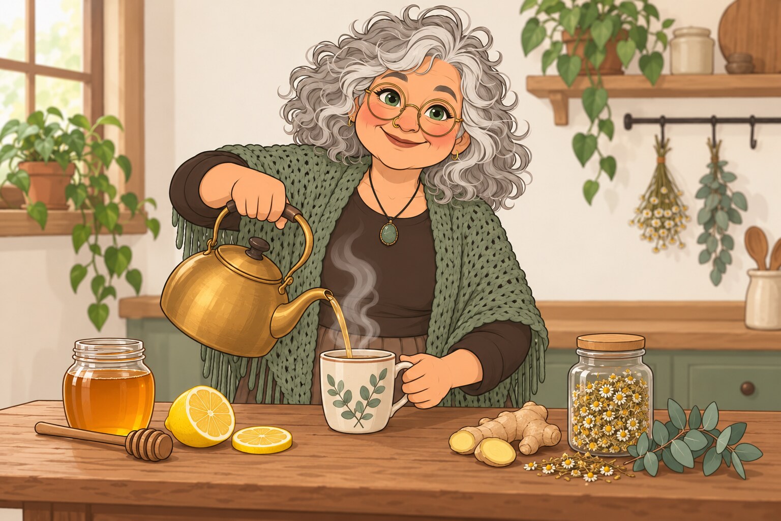 Ilustración de La Pacha en su cocina sirviendo una infusión, con miel, limón, jengibre, manzanilla y eucalipto sobre la mesa.