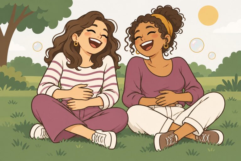 Ilustración de dos amigas riéndose a carcajadas sentadas en el pasto