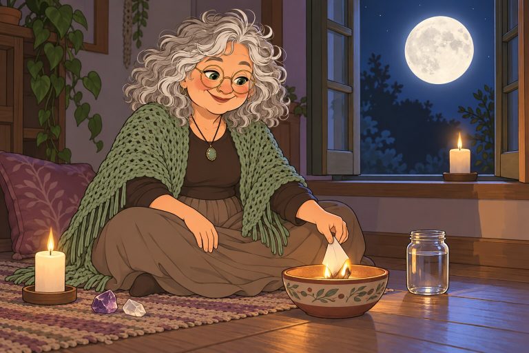 Ilustración de La Pacha sentada junto a una ventana bajo la luna llena, quemando un papel en un cuenco, con velas blancas, cristales y un frasco de agua a la luz de la luna.