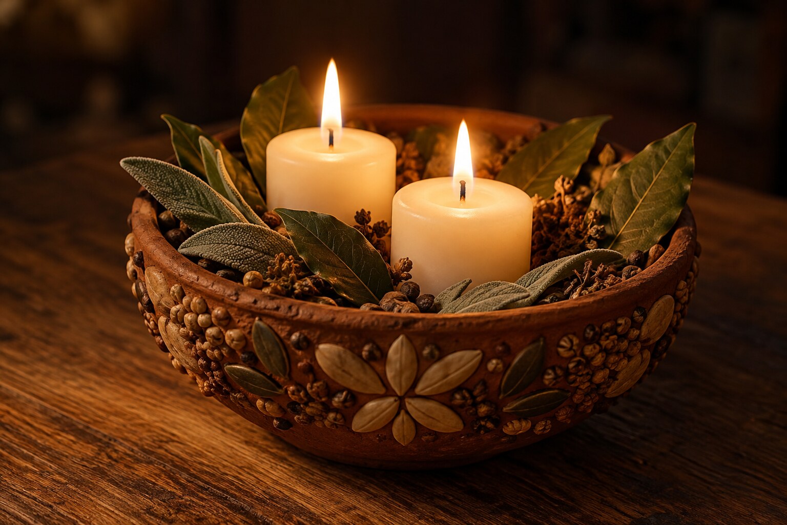 Fotografía de velas blancas encendidas en un recipiente adornado con semillas