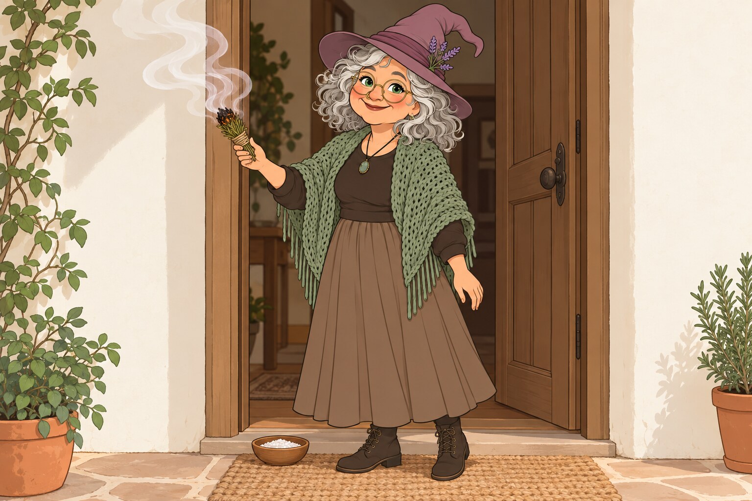 Ilustración de La Pacha con sombrero de bruja en el umbral de su casa, pasando un atado de romero humeante, con un cuenco de sal a sus pies.