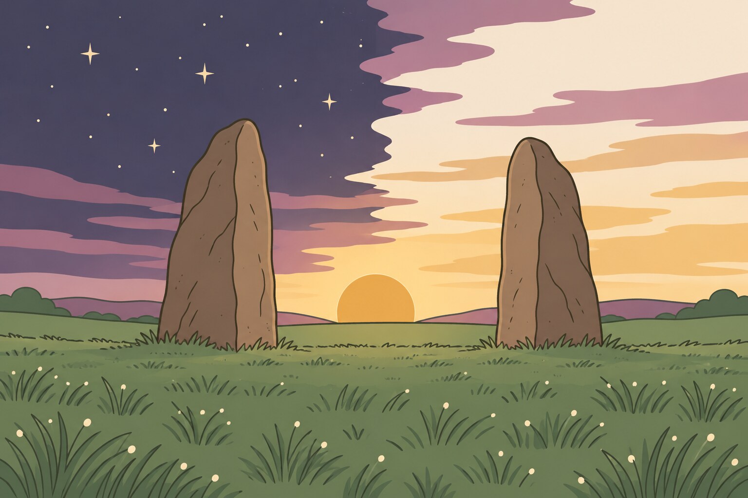 Ilustración del sol saliendo en el horizonte entre dos piedras altas, con el cielo mitad noche estrellada y mitad dorado.