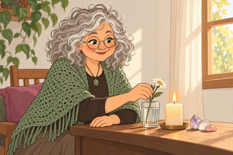 Ilustración de una mujer frente a un pequeño altar en su casa, con una vela encendida, flores, un vaso de agua y cristales.