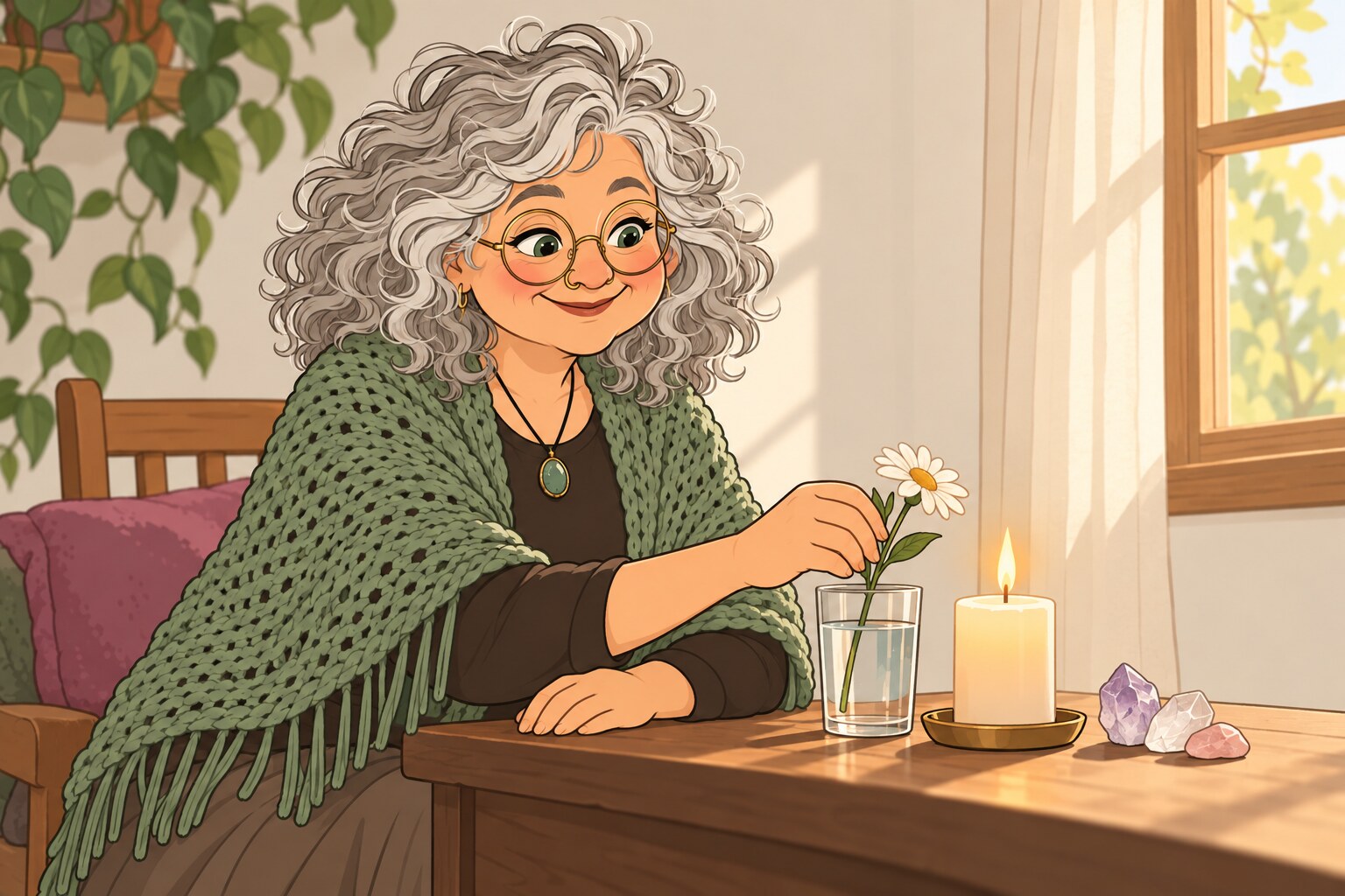 Ilustración de una mujer frente a un pequeño altar en su casa, con una vela encendida, flores, un vaso de agua y cristales.