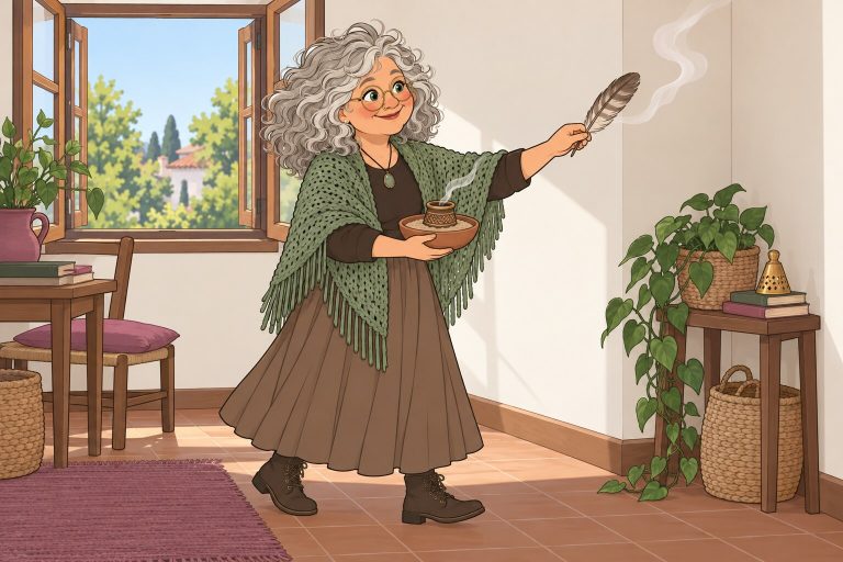 Ilustración de La Pacha recorriendo una habitación con la ventana abierta, con un sahumador de barro en una mano y una pluma en la otra que guía el humo hacia un rincón.