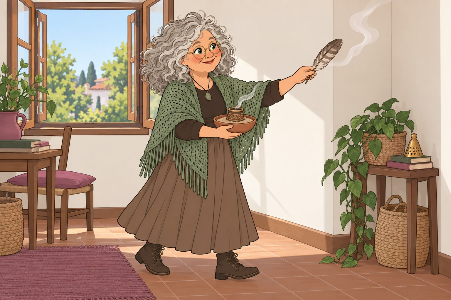 Ilustración de La Pacha recorriendo una habitación con la ventana abierta, con un sahumador de barro en una mano y una pluma en la otra que guía el humo hacia un rincón.