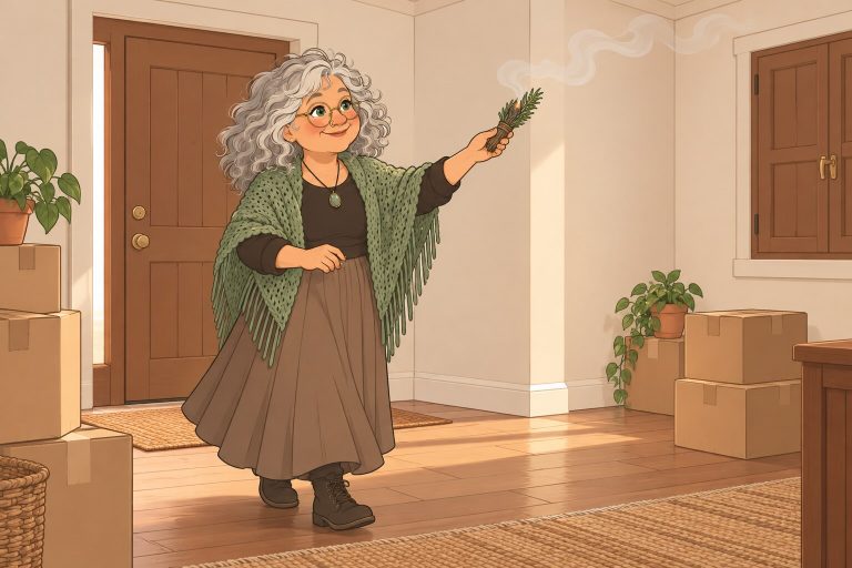 Ilustración de La Pacha recorriendo una casa nueva con un sahumo de romero entre cajas de mudanza.