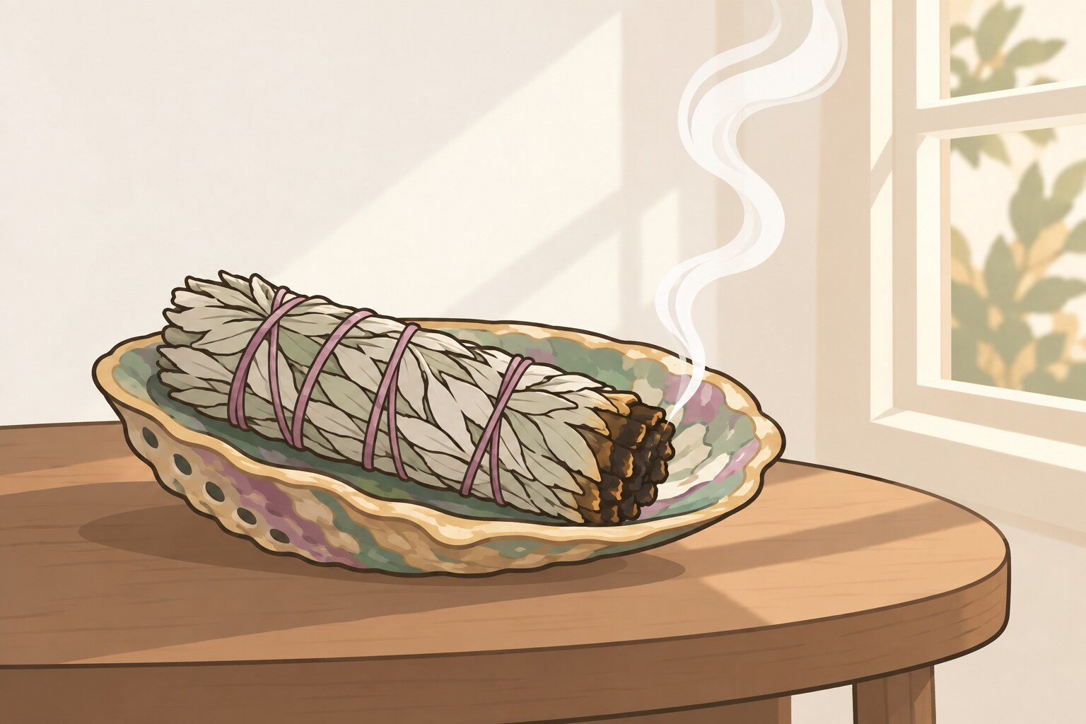 Ilustración de un atado de salvia blanca encendido sobre una concha, con un hilo de humo que sube hacia la ventana.