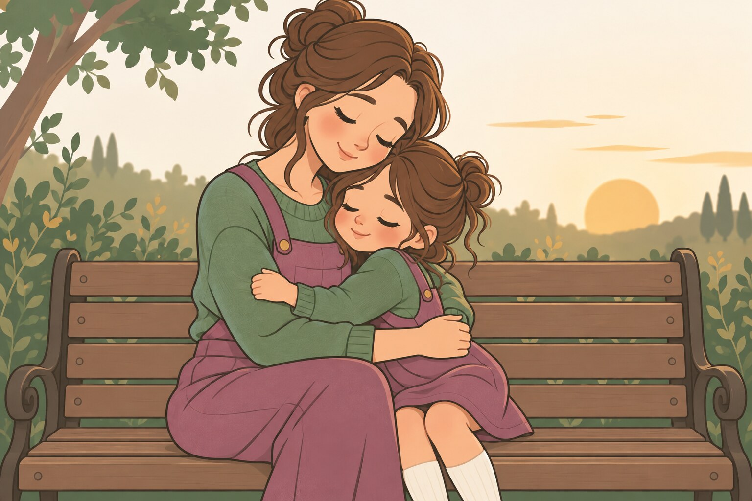 Ilustración de una mujer adulta en un banco de jardín que abraza con ternura a una niña pequeña que se le parece.