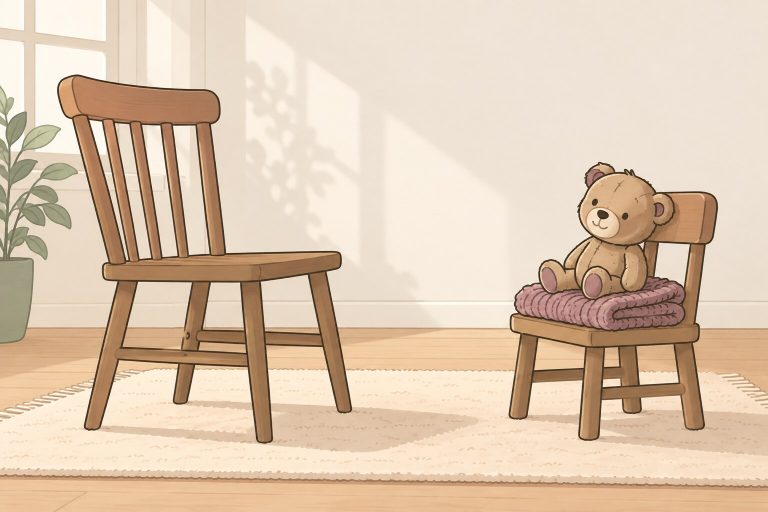 Ilustración de una silla de adulto frente a una silla pequeña de niño, con una manta tejida y un osito de peluche viejo.