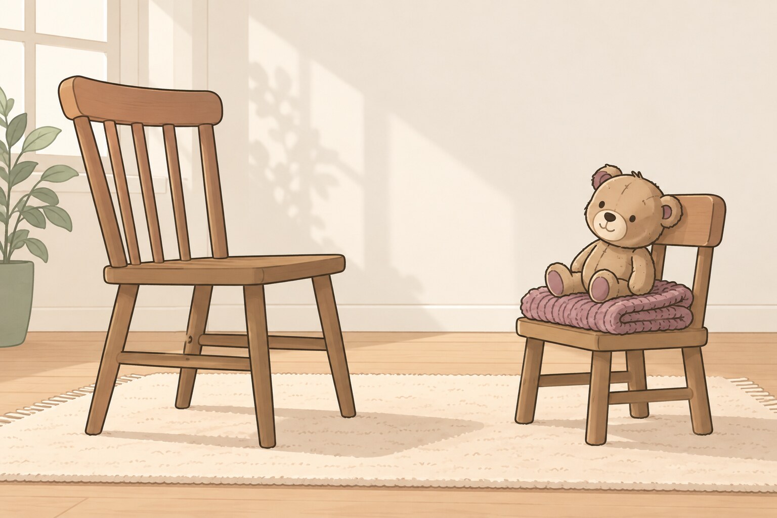 Ilustración de una silla de adulto frente a una silla pequeña de niño, con una manta tejida y un osito de peluche viejo.
