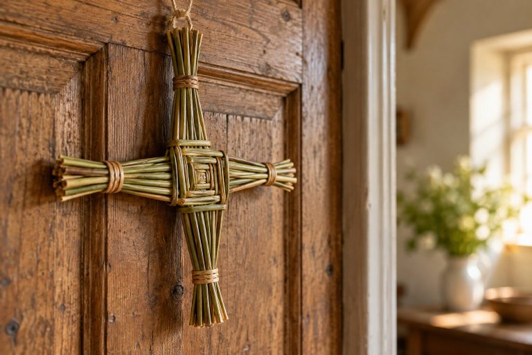 Fotografía de una Cruz de Brigid de juncos colgada en una puerta de madera