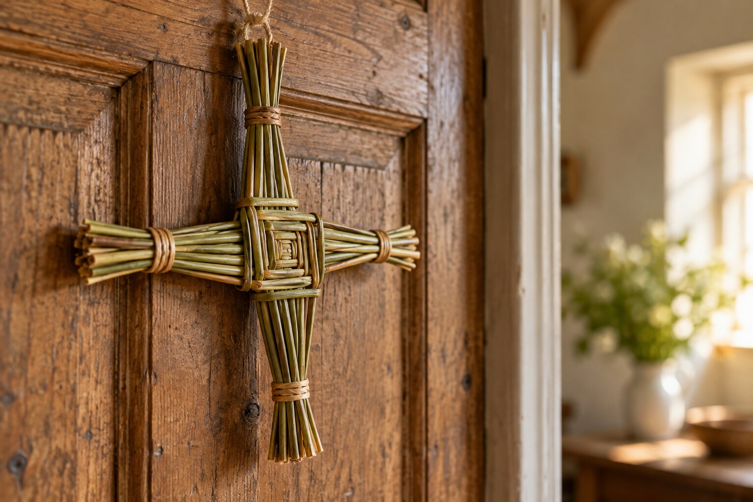 Fotografía de una Cruz de Brigid de juncos colgada en una puerta de madera