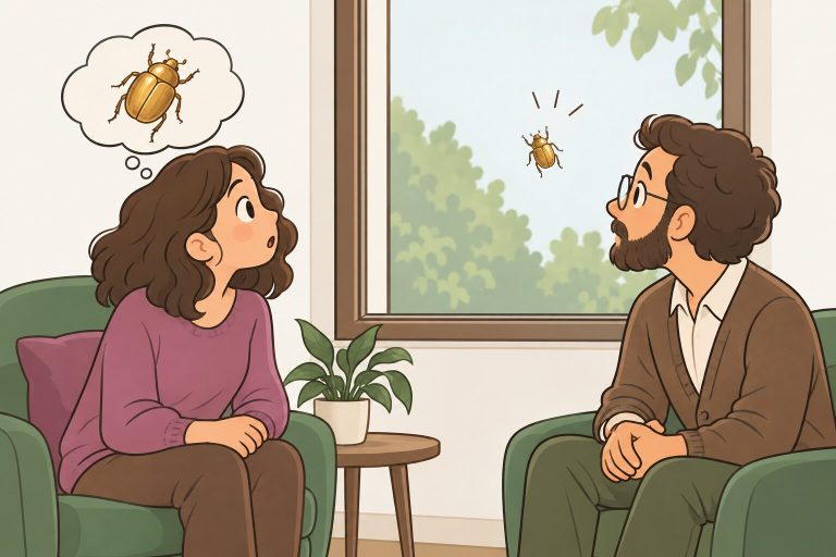 Ilustración de una sesión terapéutica en la que aparece un escarabajo dorado igual al de un sueño