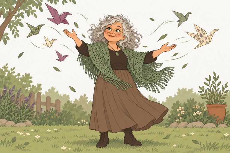 Ilustración de La Pacha, una mujer mayor de pelo canoso y chal verde, de pie en un jardín dejando volar unos pájaros de papel.