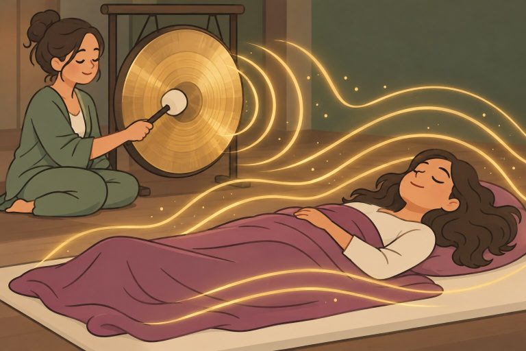 Ilustración de una mujer recostada recibiendo las ondas de sonido de un gong