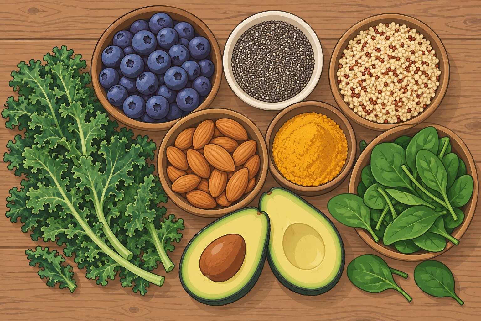Ilustración de cuencos con arándanos, chía, quínoa, kale, aguacate, almendras, cúrcuma y espinaca