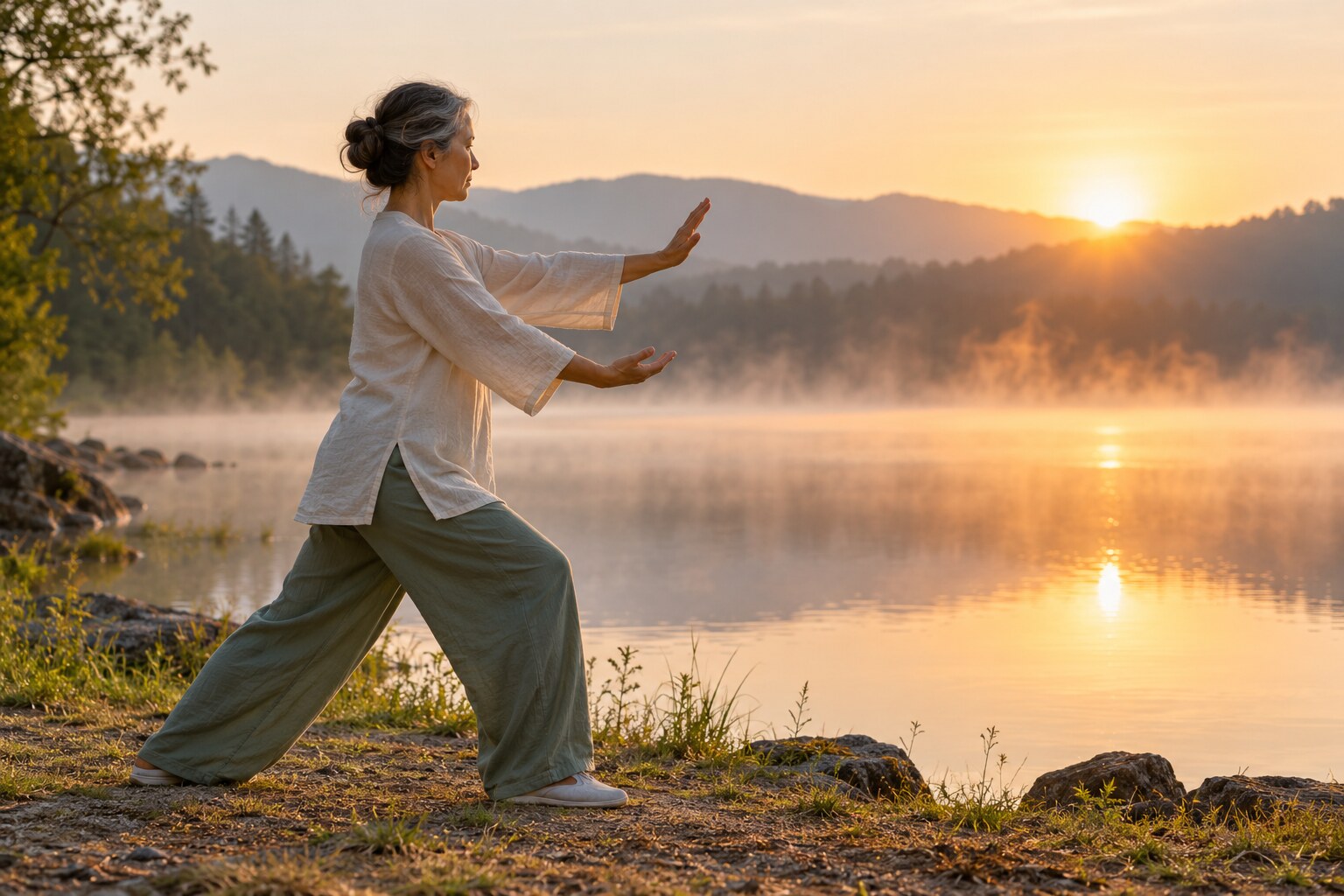 Fotografía de una persona practicando Tai Chi a orillas de un lago al amanecer