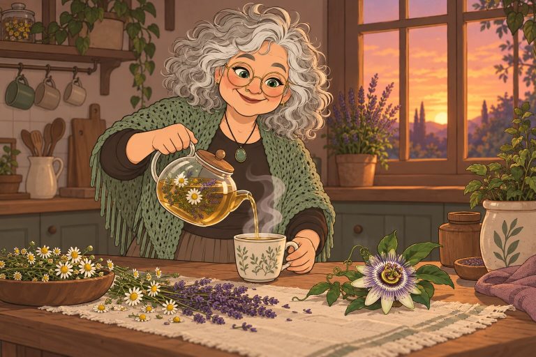 Ilustración de La Pacha sirviendo una infusión con manzanilla, lavanda y pasiflora sobre la mesa