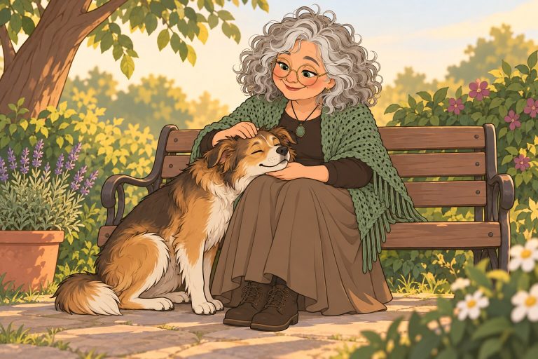 Ilustración de La Pacha acariciando a su perrita, que apoya la cabeza en su regazo