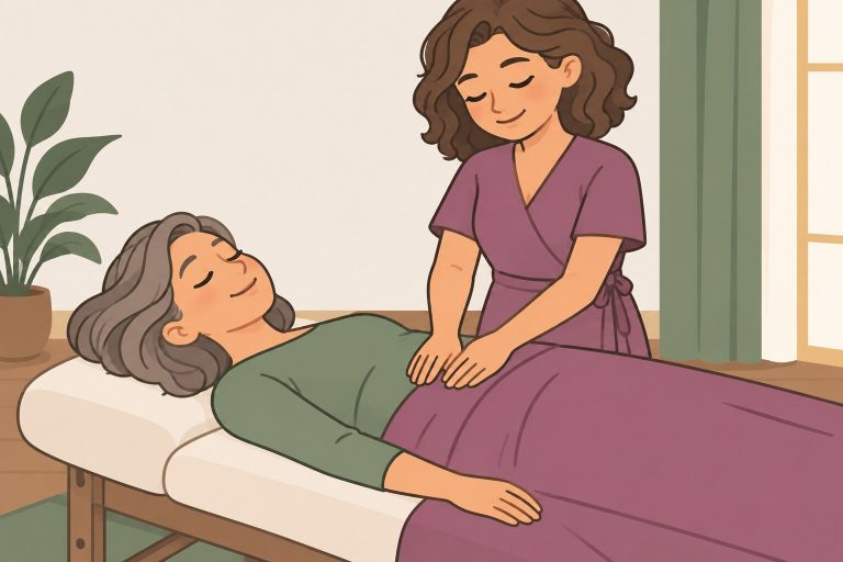 Ilustración de una mujer acostada y en calma en una camilla, con una terapeuta que apoya las manos quietas sobre su abdomen.