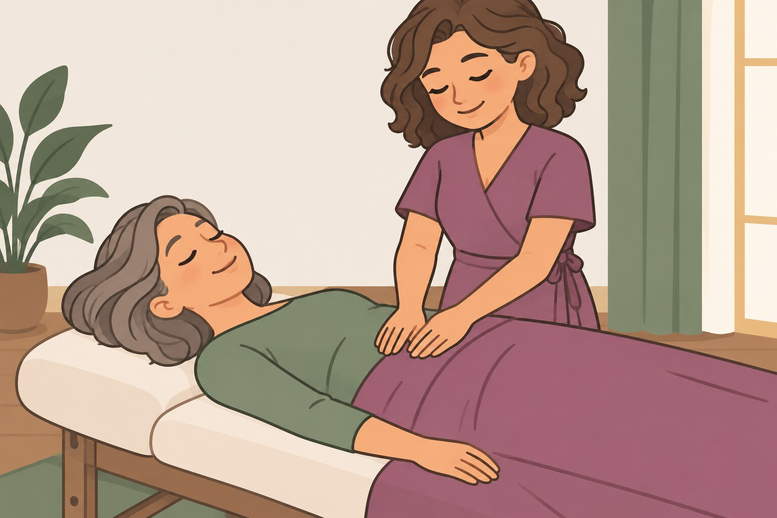 Ilustración de una mujer acostada y en calma en una camilla, con una terapeuta que apoya las manos quietas sobre su abdomen.