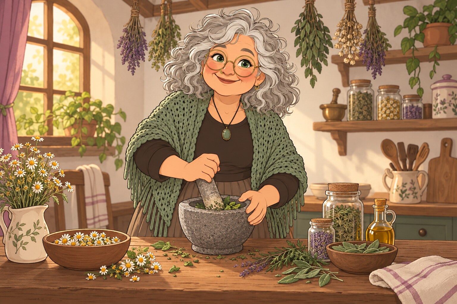 Ilustración de La Pacha machacando hierbas en un mortero rodeada de ramos de plantas secas