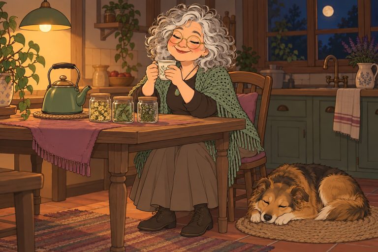 Ilustración de La Pacha de noche en la cocina, con una taza humeante entre las manos y tres frascos de tilo, melisa y poleo sobre la mesa.
