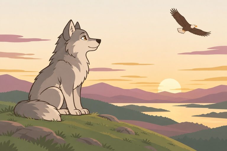 Ilustración de un lobo sentado en una colina al amanecer, mirando el horizonte, con un águila que vuela en el cielo.