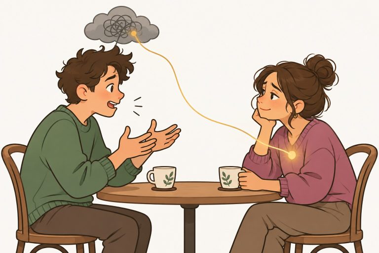 Ilustración de dos personas en una mesa de café: una habla sin parar bajo una nubecita gris y la otra escucha cansada mientras un hilo de luz dorada sale de su pecho hacia la nube.
