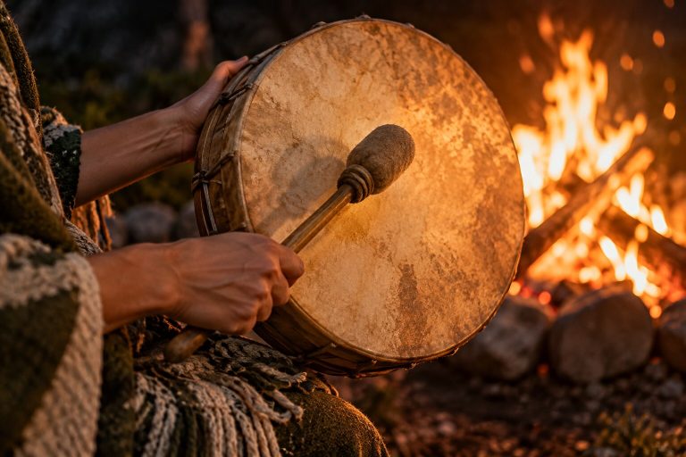 Fotografía de unas manos tocando un tambor chamánico de cuero con un mazo junto a una fogata de noche.