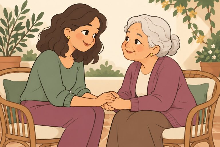 Ilustración de una mujer tomando las manos de su madre anciana en un patio con plantas
