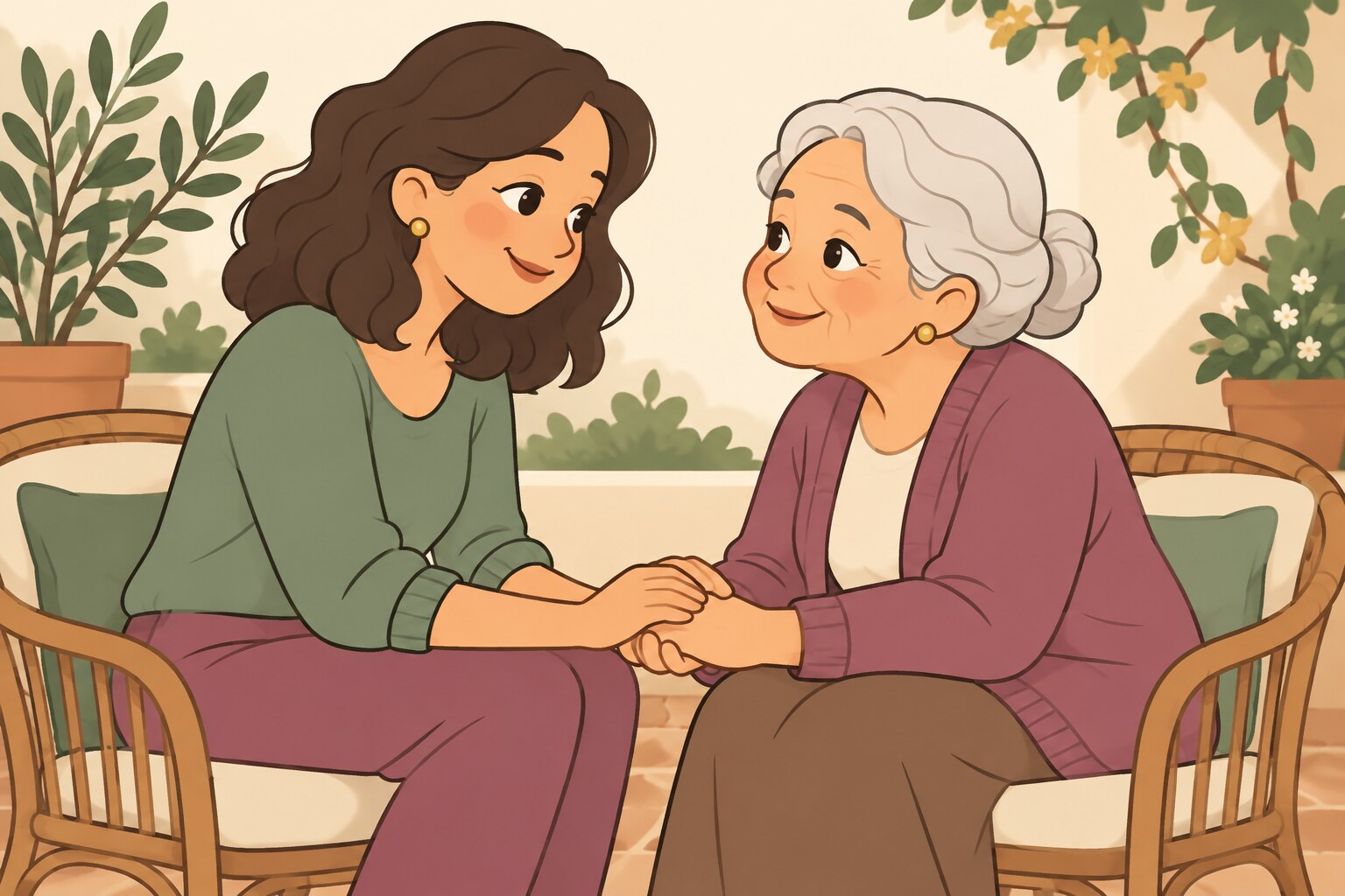 Ilustración de una mujer tomando las manos de su madre anciana en un patio con plantas